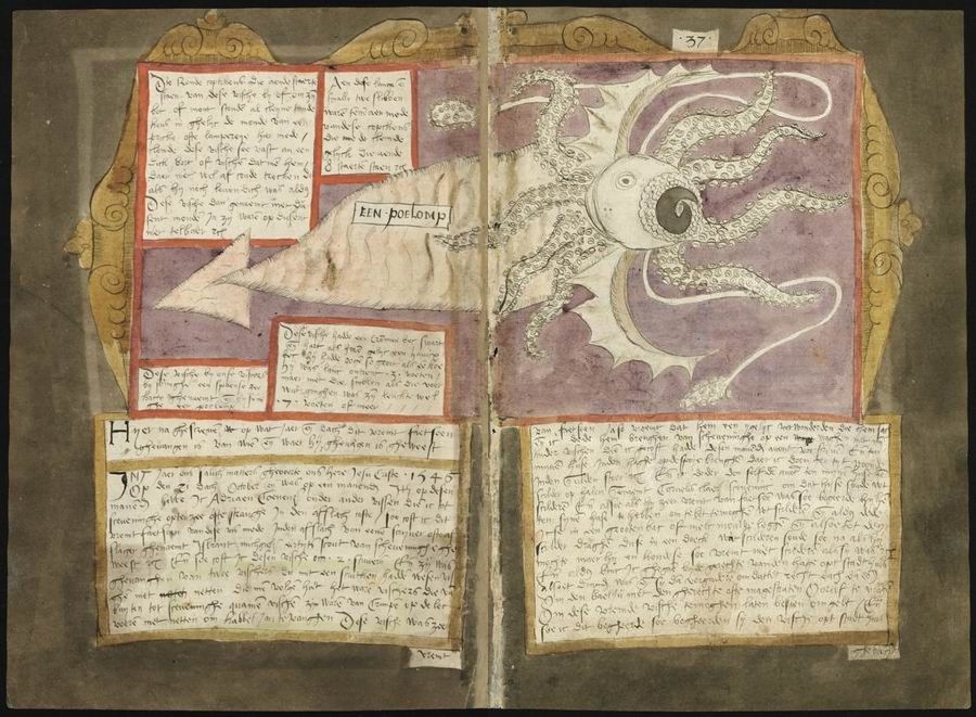 Open page from a medieval manuscript with text and an illustration of a sea monster.