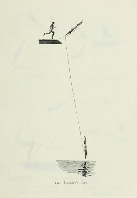 Vintage illustration of a diver in mid-air, captured in a sequence of motion.