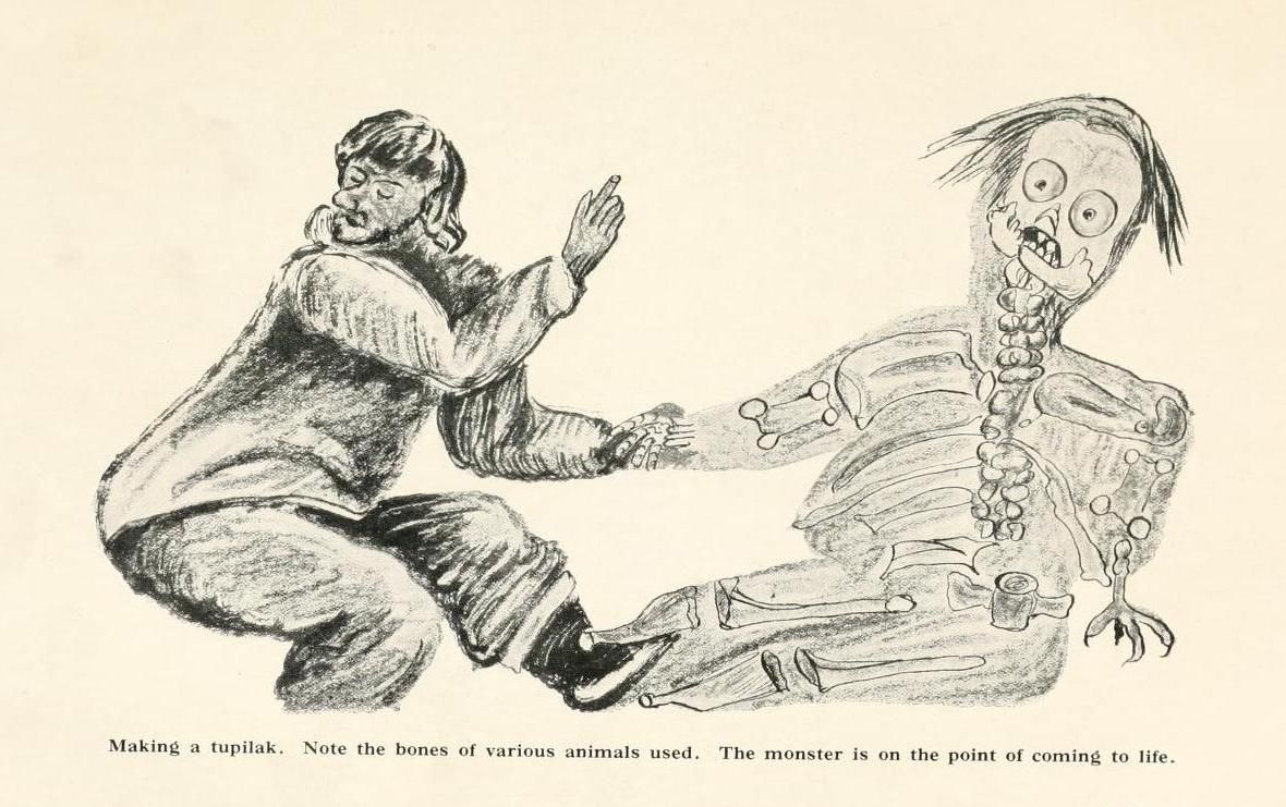 Vintage illustration of a person animating a monster made of animal bones.
