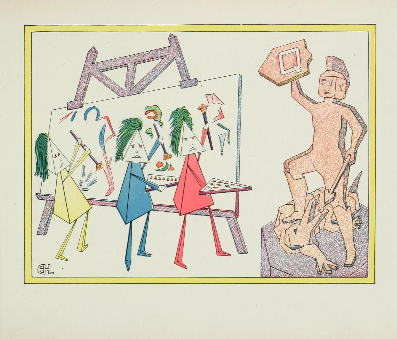 A vibrant and abstract illustration reminiscent of early 20th-century Cubist or Futurist art. It depicts a scene that appears to be an art class or gallery setting, but rendered in a highly stylized and fragmented manner.