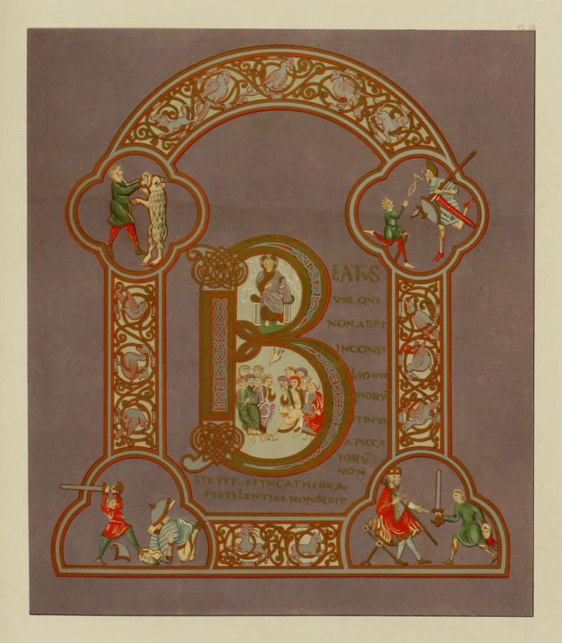 An illuminated manuscript page with a large ornate letter 'B' surrounded by intricate patterns, figures, and text.