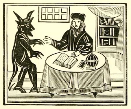 A black and white woodcut illustration of a man seated at a table with a demon standing beside him.