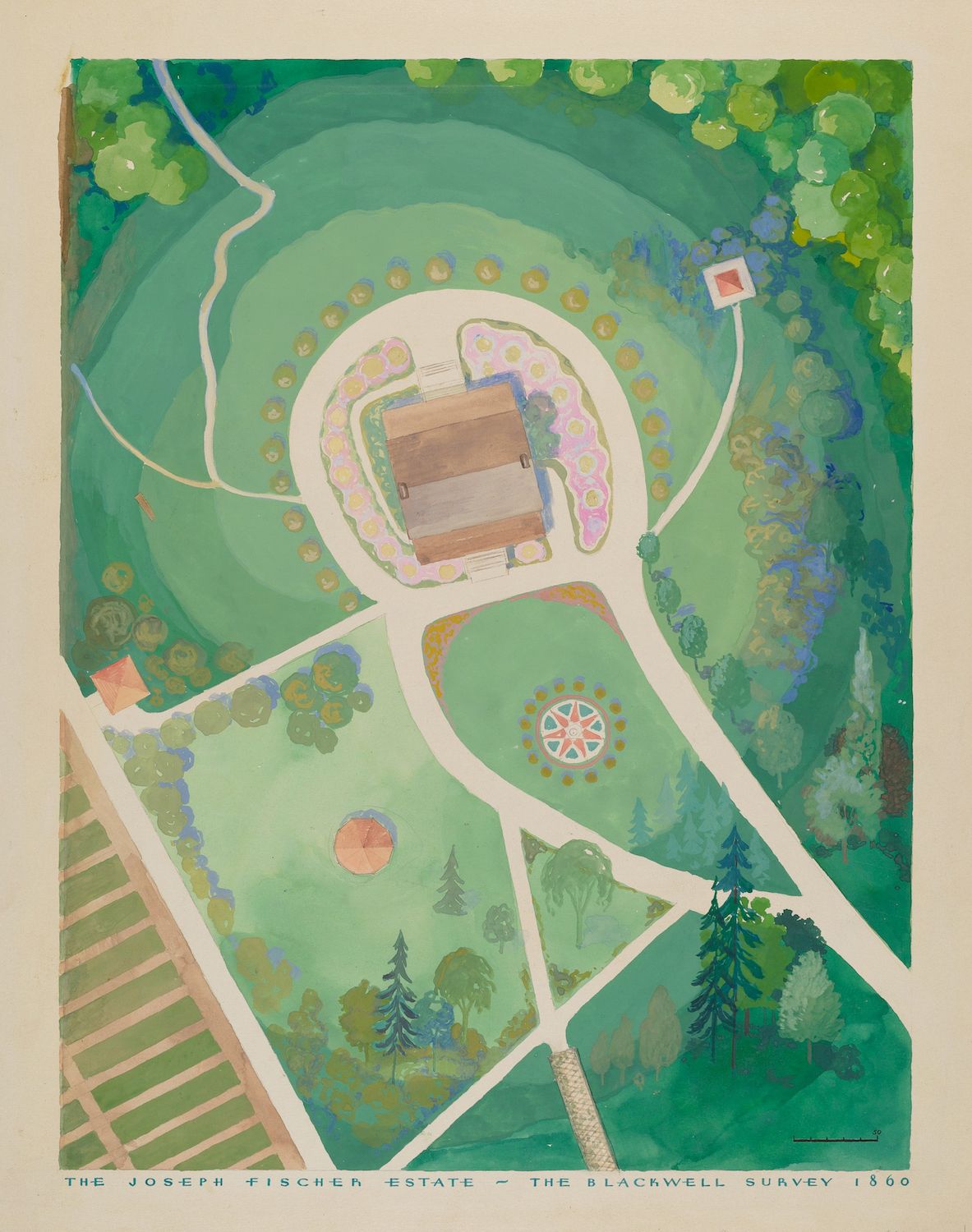 Aerial view of a landscape survey titled 'The Joseph Fischer Estate - The Blackwell Survey 1860', showing a house, garden, trees, and paths.