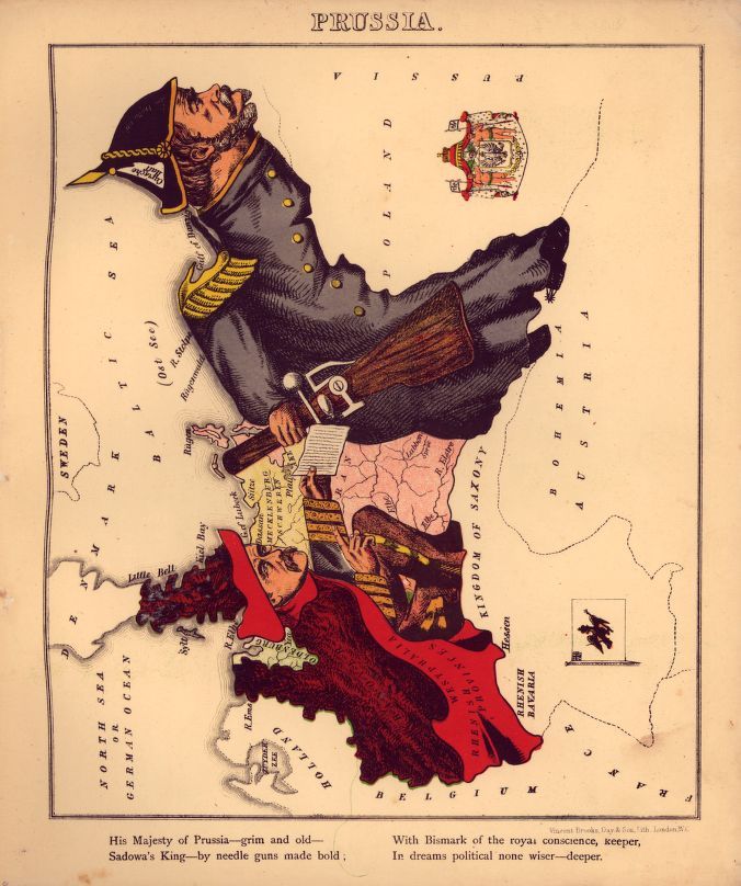 A political cartoon titled "Prussia" depicting a map of Europe with a man in a Prussian military uniform dominating the scene.