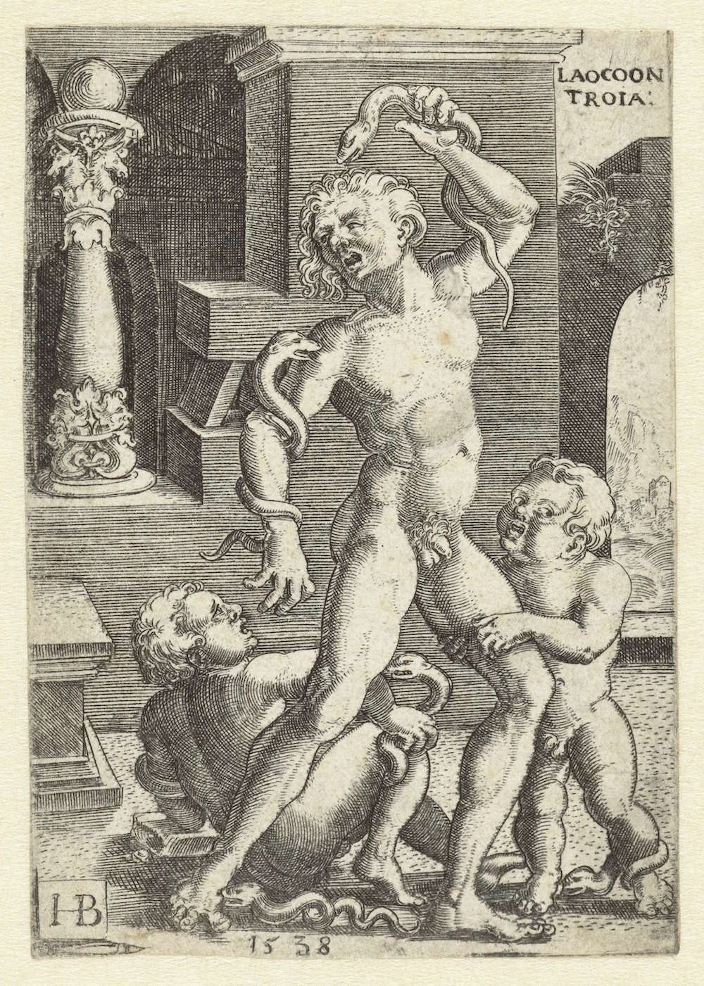 A black and white engraving depicting Laocoön and his sons being attacked by snakes.