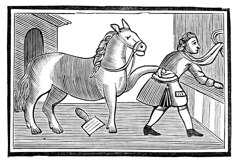 A black and white woodcut illustration of a man leading a horse in a stable.