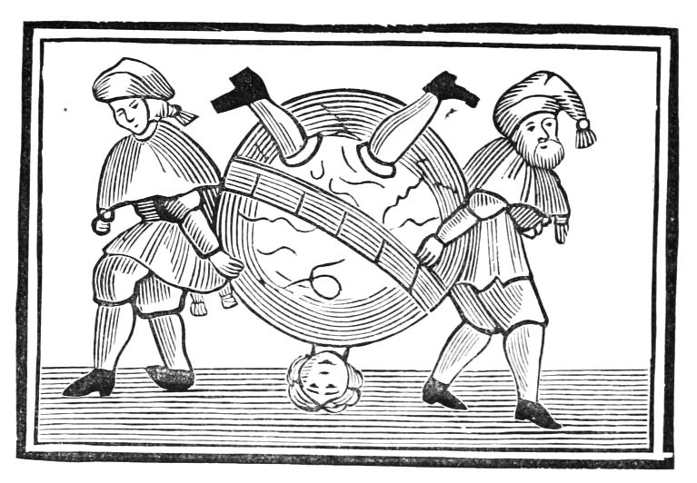 A black and white woodcut illustration of two men rolling a barrel with a person inside.