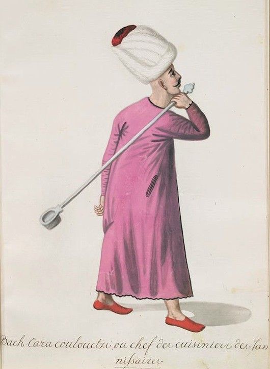 Watercolor painting of a man in Ottoman attire, identified as a head chef, holding a large spoon and smoking a pipe.