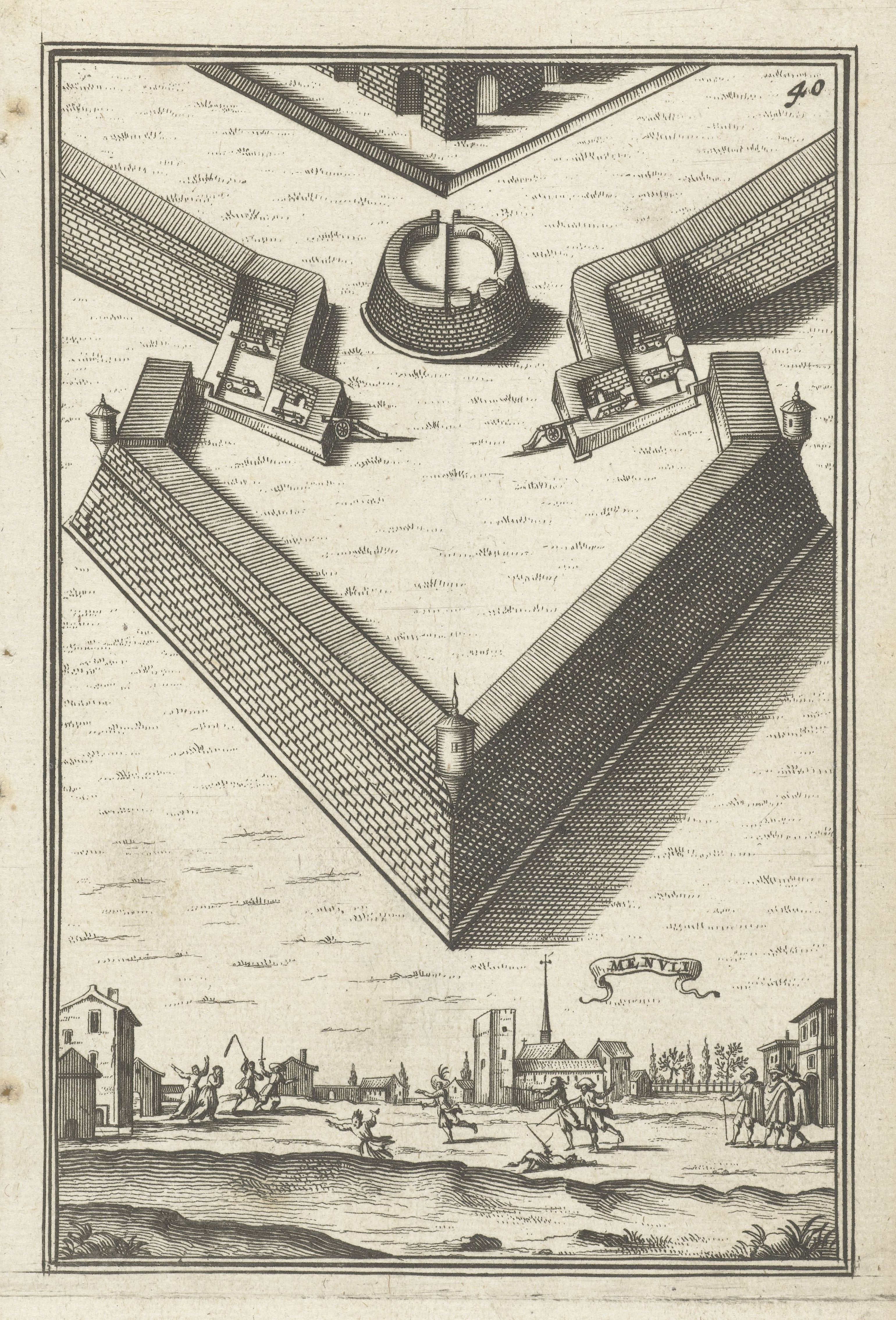 A detailed black and white engraving of a city viewed from a geometric perspective, featuring a triangular fortification wall and a cityscape.