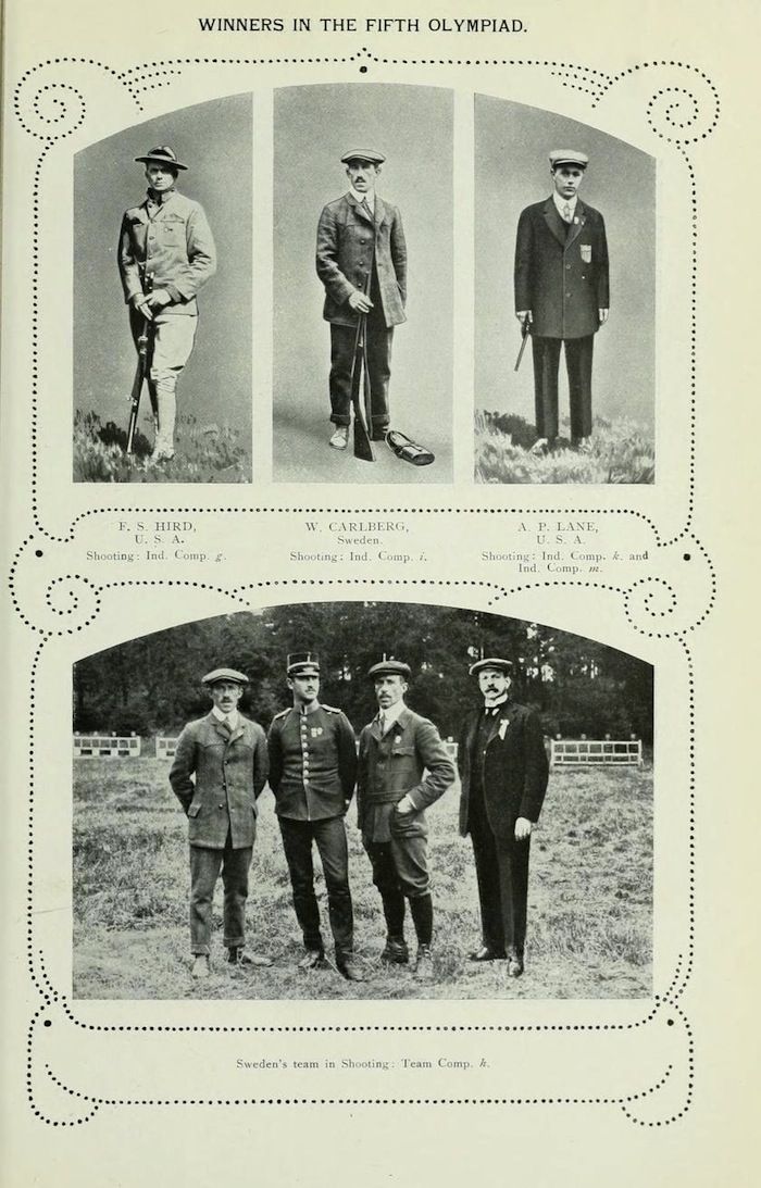 Vintage black and white photograph from the Fifth Olympiad showcasing winners in shooting competitions.