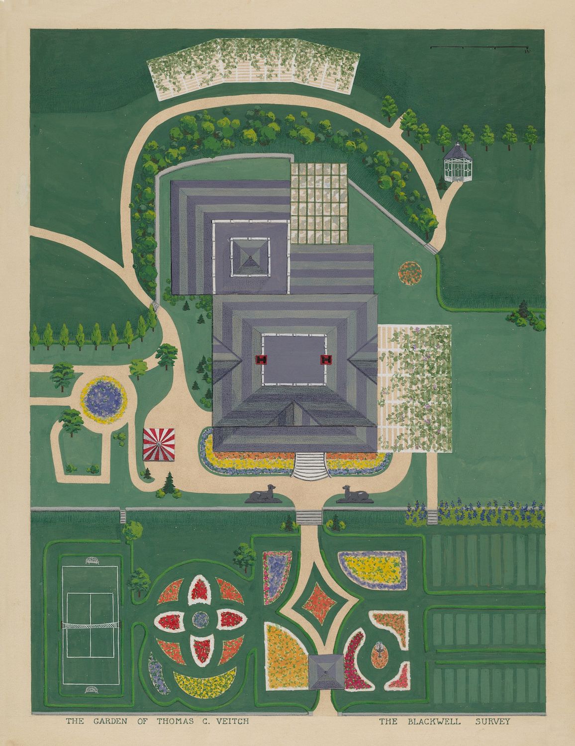 Aerial view of a formal garden plan with geometric shapes, flower beds, paths, and buildings.