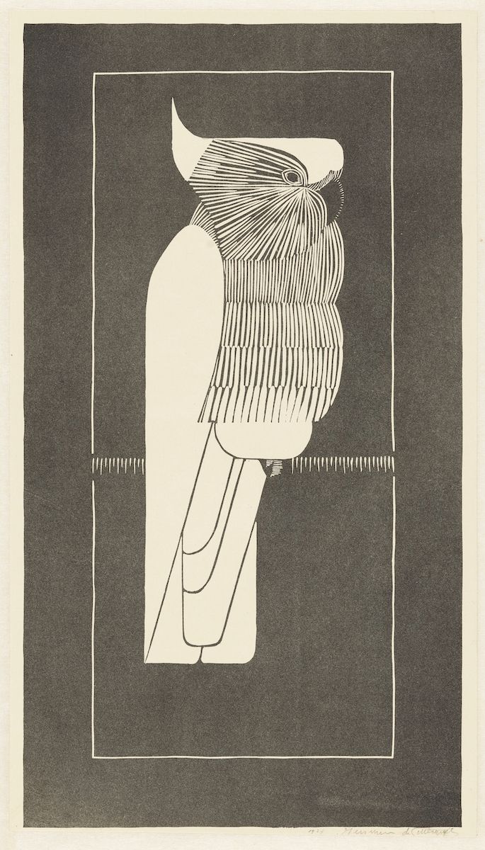 A black and white print of an owl in a stylized, graphic manner. The owl is rendered with a series of closely spaced, parallel lines that create a textured effect, giving it a sense of volume and form. The owl is shown in profile, with its head and upper body filling much of the frame. Its feathers are indicated by these lines, creating a pattern that follows the contours of its body. The owl has a prominent ear tuft and a sharp beak. Around the owl is a rectangular frame, also created with lines. The background is a solid black, which emphasizes the white form of the owl and the frame.