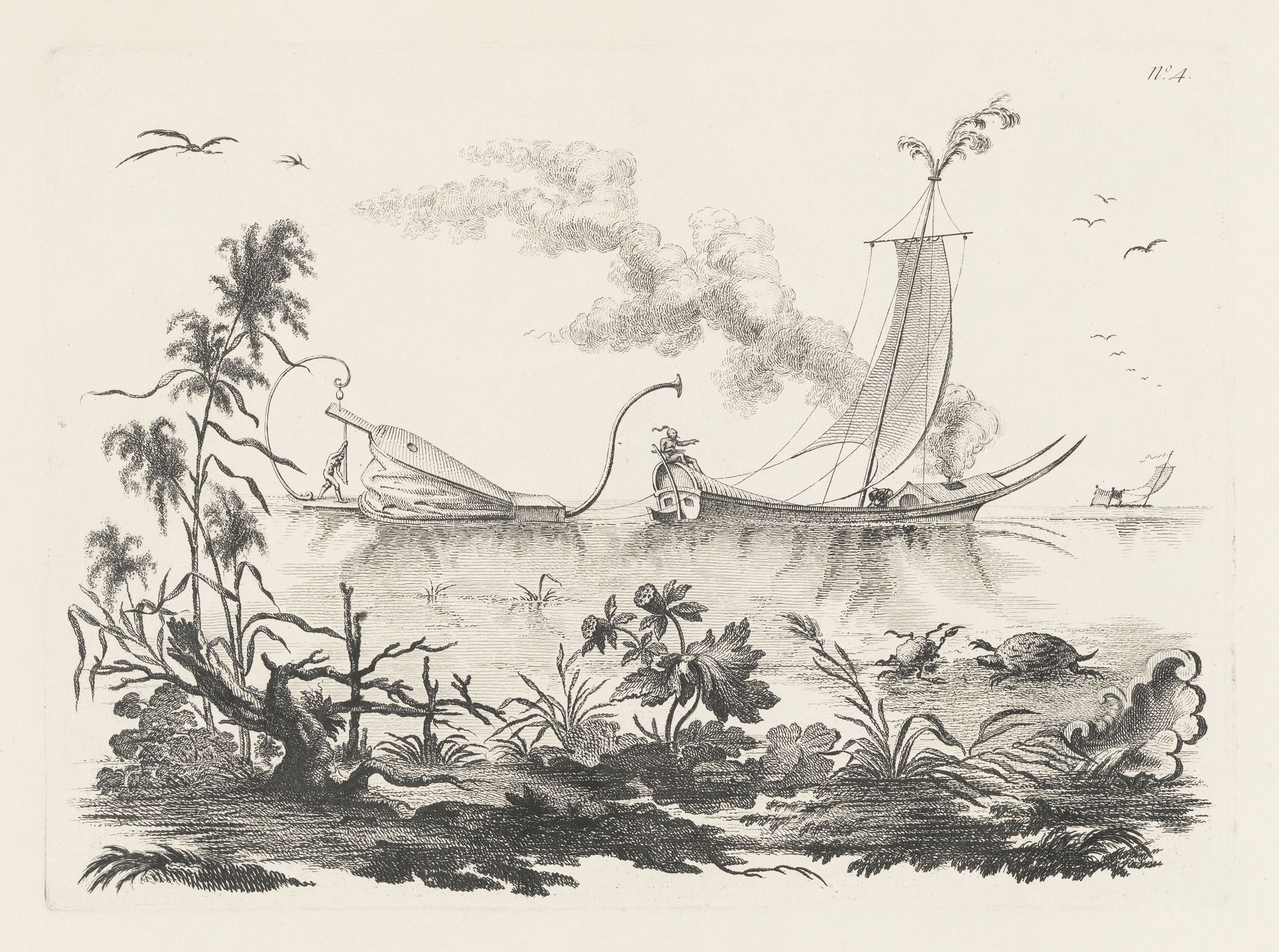 Vintage illustration of a traditional outrigger canoe on the water with birds flying above and dense vegetation in the foreground.
