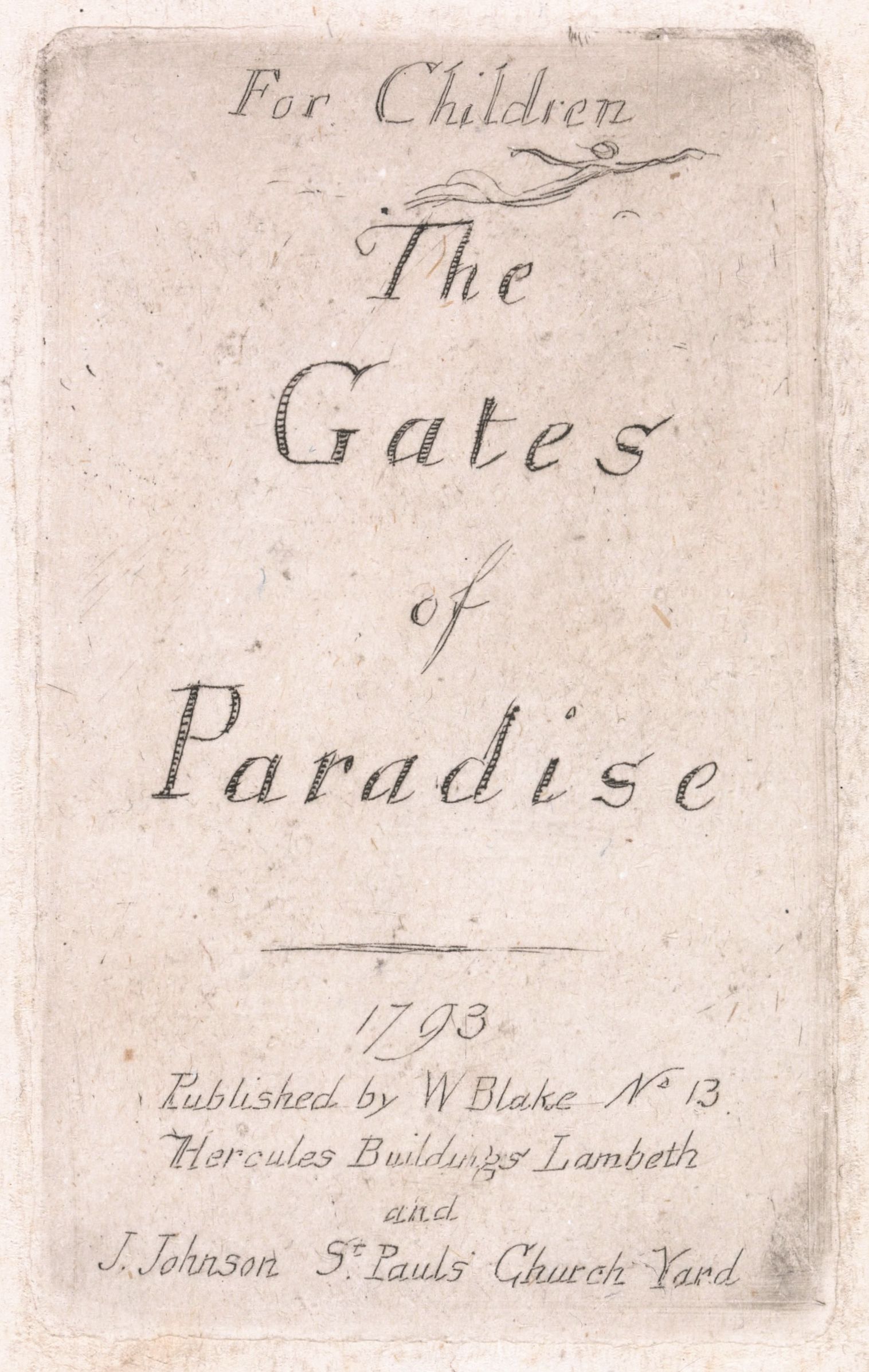 A scan of a title page from a book titled "For Children: The Gates of Paradise". The text is handwritten in a flowing, elegant script, likely calligraphy. The paper has a warm, aged tone, with visible texture and slight discoloration, suggesting it's an antique document.