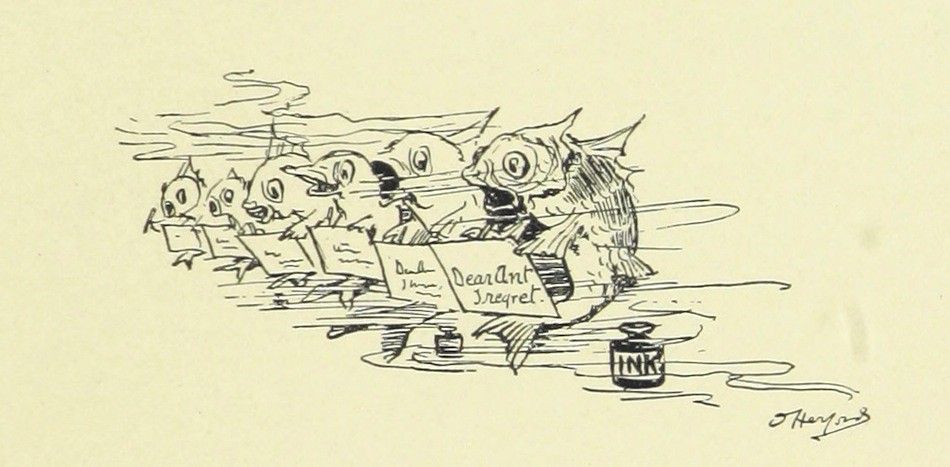 A vintage cartoon drawing of a group of animals writing letters at a cluttered desk. The scene is rendered in black ink on a yellowed background, with a signature indicating the artist and date of creation.