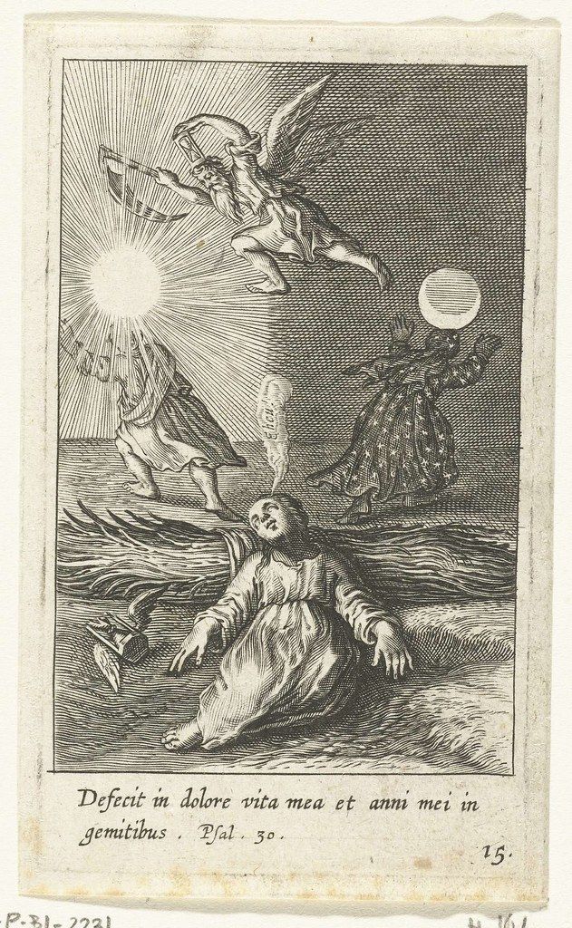 A black and white engraving depicting a gaunt man lying prostrate on the ground, with an angel descending from the heavens above him. The background features a desolate landscape and a cloudy sky. Text in Latin is written below the image.