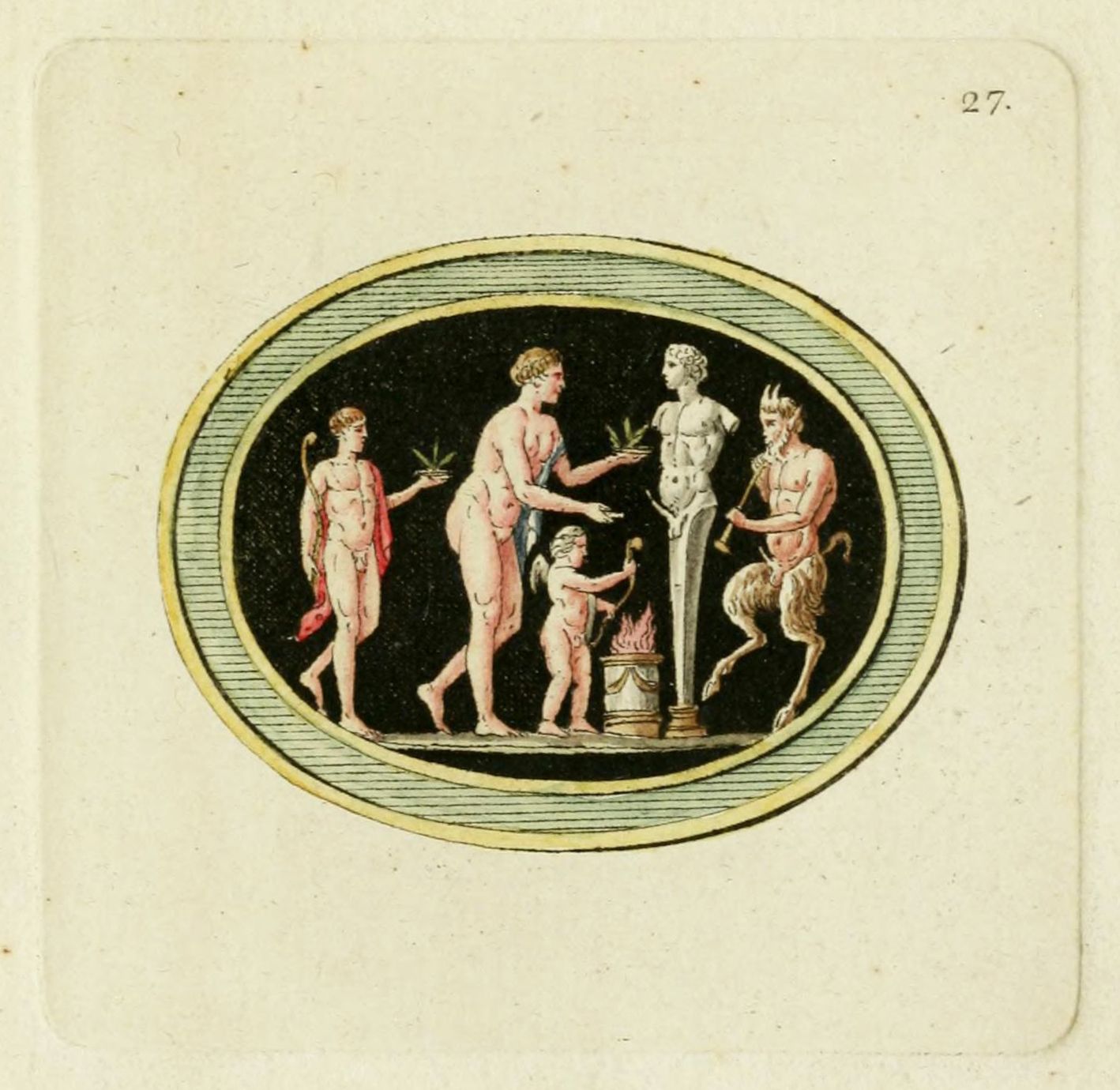 A detailed drawing of an oval-shaped scene reminiscent of ancient Roman or Greek art. The scene is set against a black background within the oval frame, which is outlined with a thin gold line. Within the scene, there are four figures. On the left is a nude male figure with a laurel wreath on his head, holding a branch. Next to him is another nude male figure, also holding a branch, reaching towards a central figure. The central figure is a nude male with a wreath, standing before a small altar. On top of the altar is a fire. To the right of the altar is a satyr-like figure with goat legs and horns, holding a staff. A small child is kneeling in front of the altar, seemingly tending to the fire.