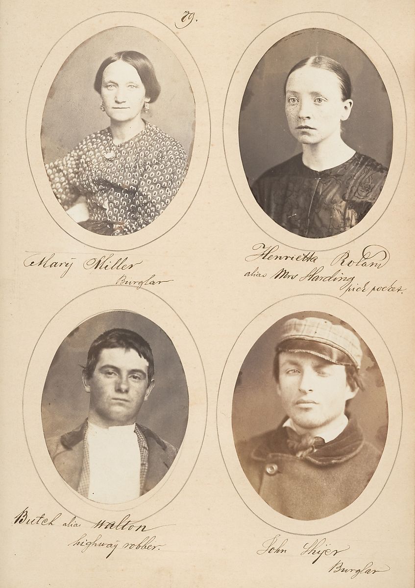 Four oval portraits of individuals identified as burglars or highway robbers, arranged in a grid on a sepia-toned vintage photograph.