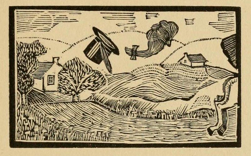 A black and white woodcut illustration of a rural landscape with a hat and smoke floating in the air.