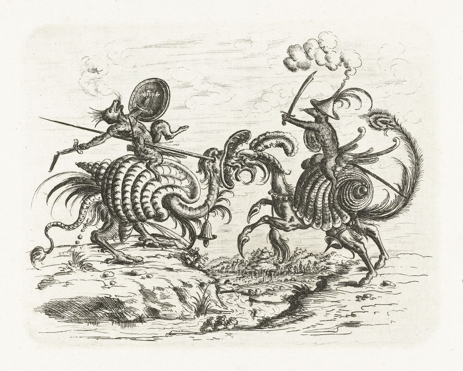 A black and white engraving of two fox-headed knights riding serpentine beasts in battle.