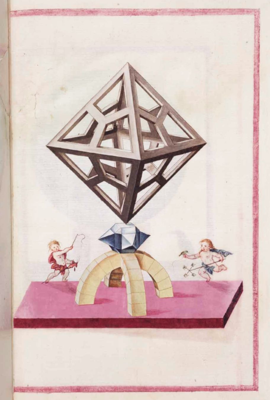A vintage illustration of a complex geometric structure with a cube-within-a-cube, a blue diamond, and two cherubs.