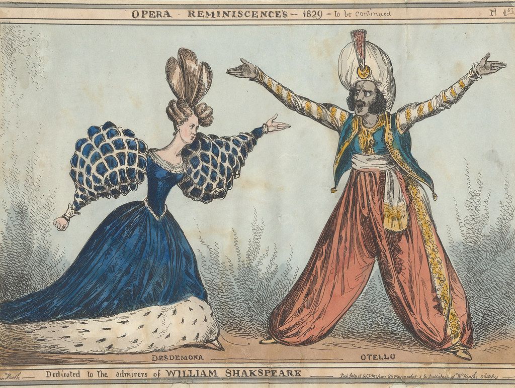 A hand-colored etching from 1829 titled 'Opera Reminiscences' depicting Desdemona and Othello in theatrical costumes.