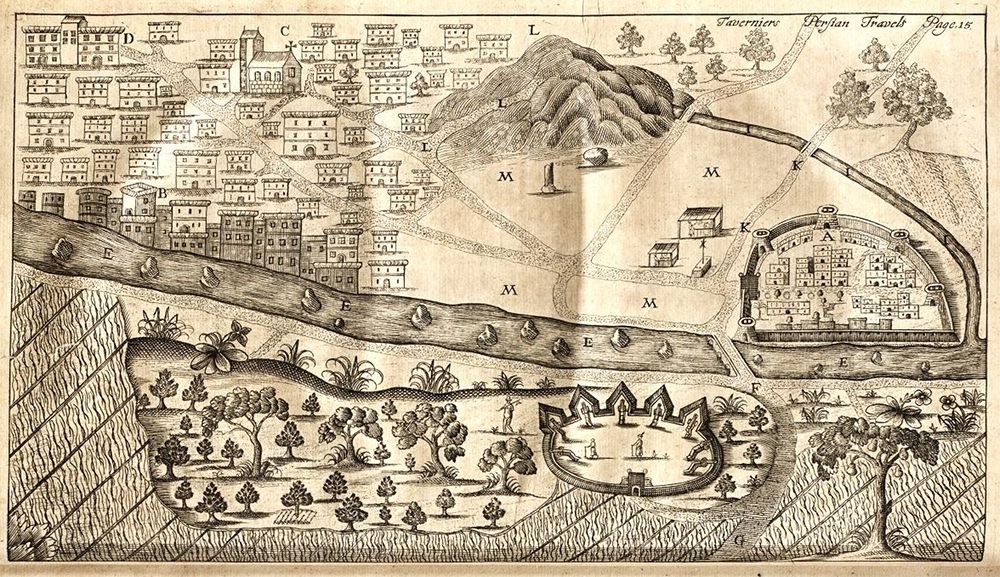A detailed black and white engraving of a city and its surrounding landscape, likely a historical map or illustration.