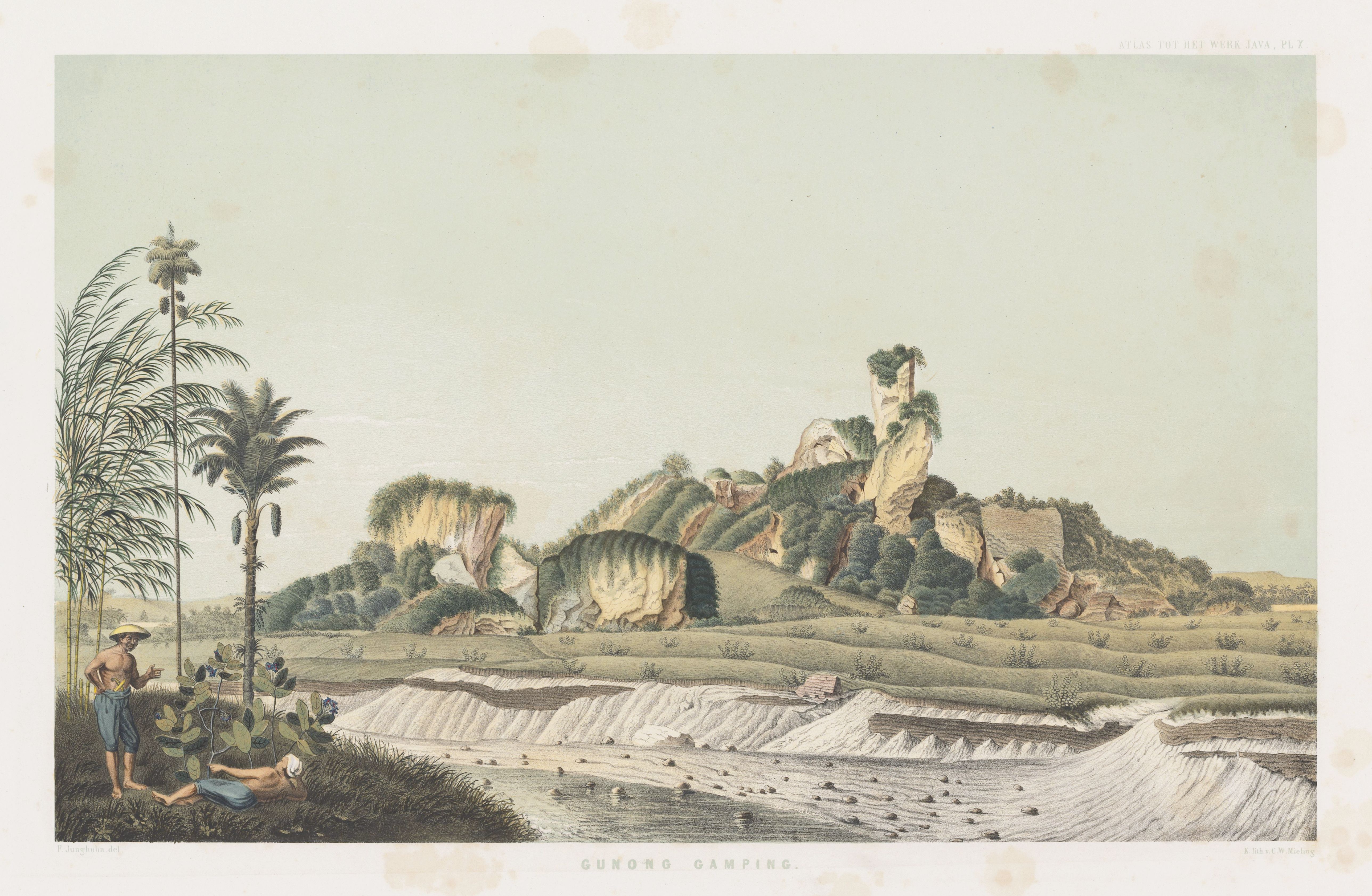 Vintage lithograph of Gunung Gamping, a landscape with mountains, beach, and people.