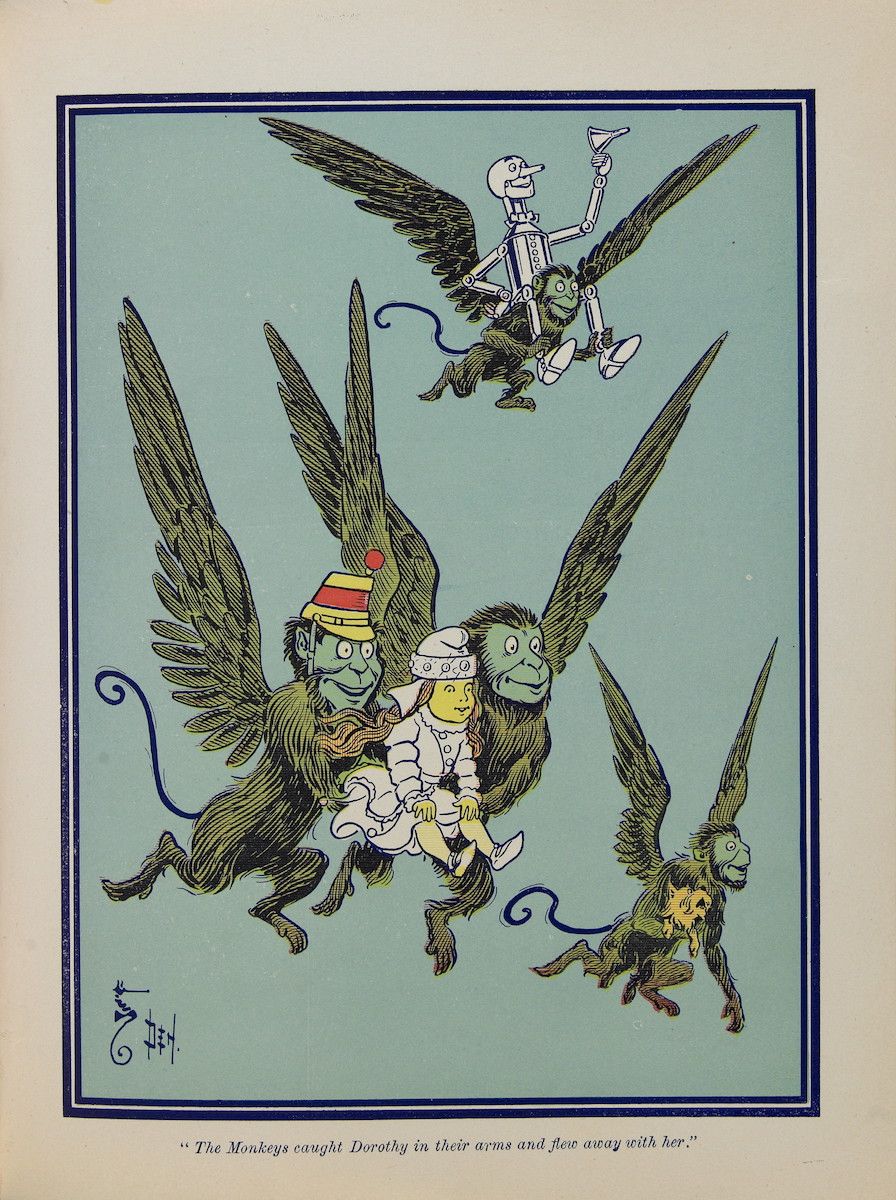 Vintage illustration of Dorothy being carried away by winged monkeys, with the Tin Woodman chasing after them.