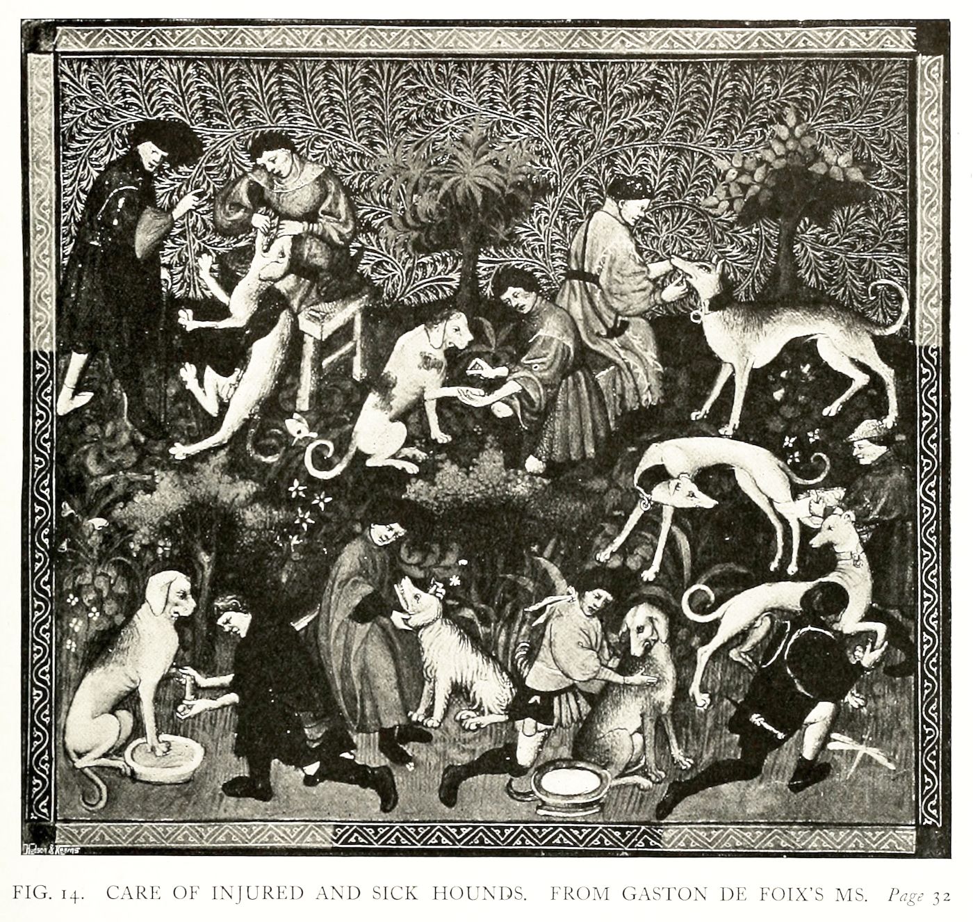 A black and white illustration of a scene titled 'Care of Injured and Sick Hounds' from Gaston de Foix's manuscript, page 32. It depicts a crowded scene of people tending to injured and sick hounds in a dense forest setting.