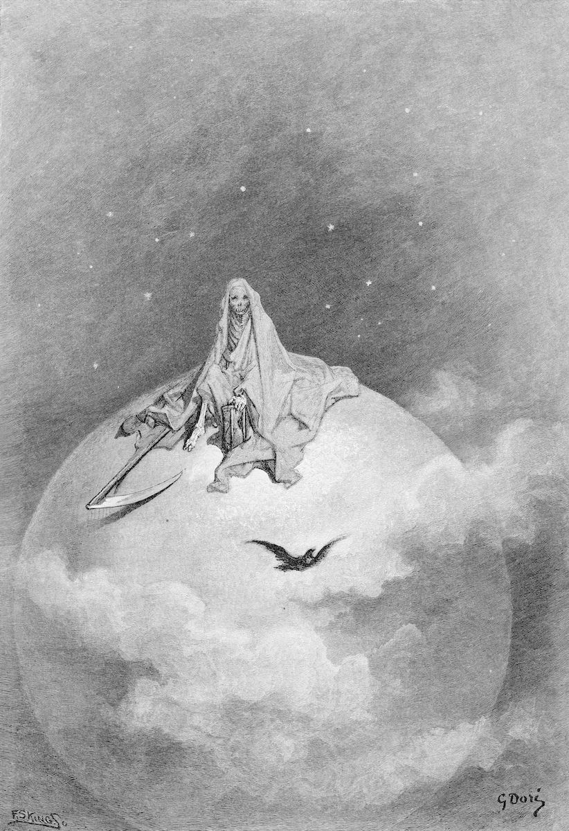 A black and white illustration of a skeletal figure seated on a cloud, surrounded by distressed figures, with a bird flying below and stars in the background.