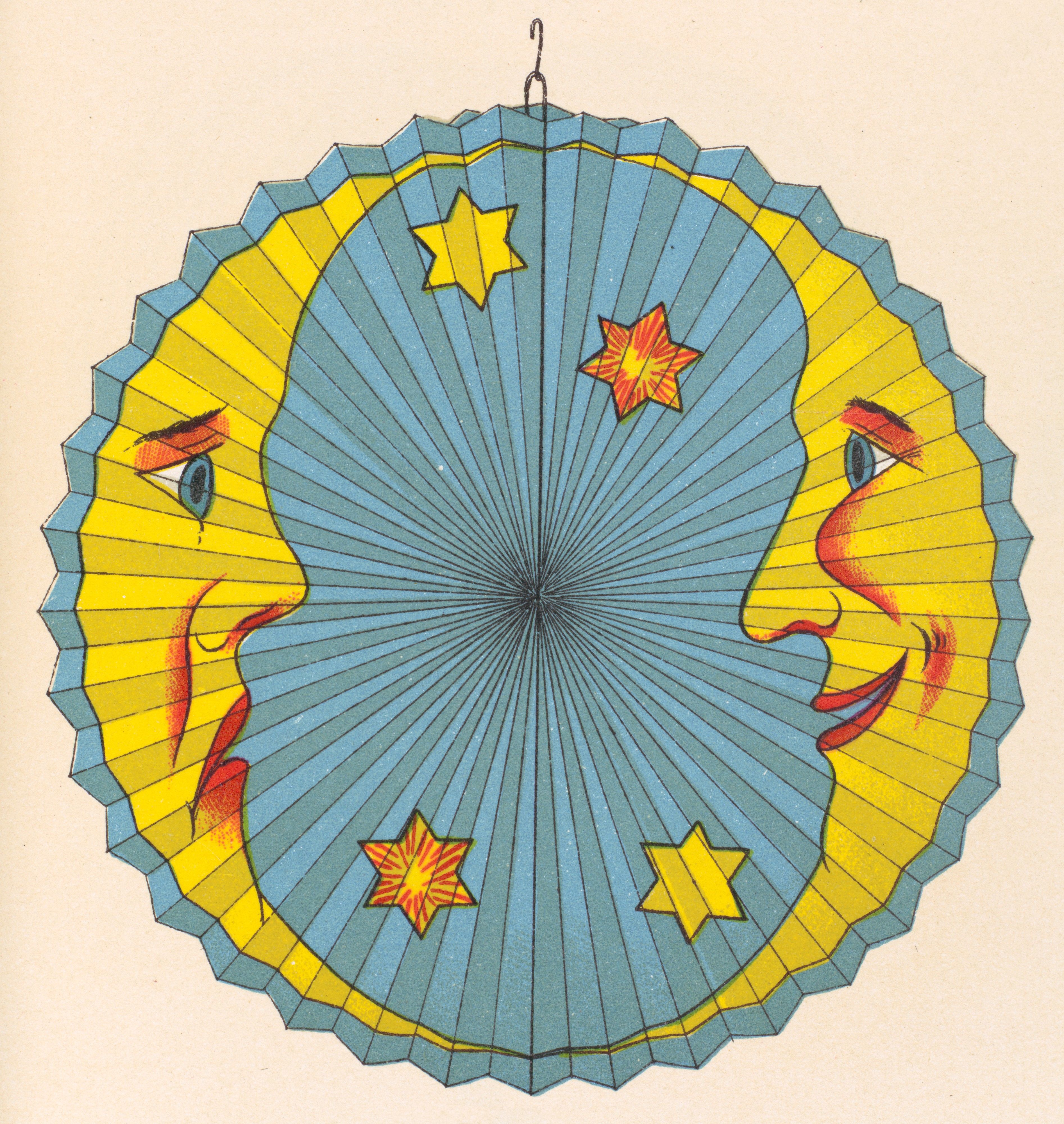 Vintage paper lantern with moon faces and stars.