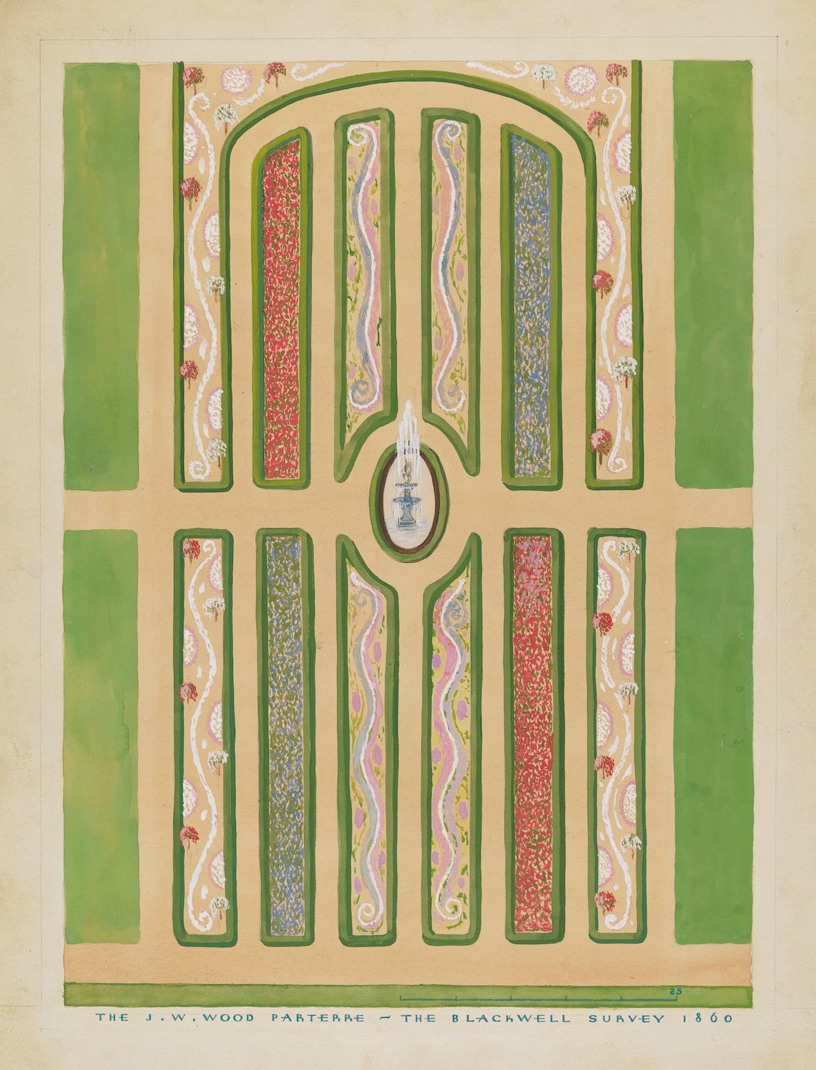 A colorful illustration of a garden parterre with rectangular flowerbeds in red, blue, and yellow, and a small fountain at the center. The design is framed by a decorative border, and the illustration is labeled as "THE J.W. WOOD PARTERRE - THE BLACKWELL SURVEY 1860".