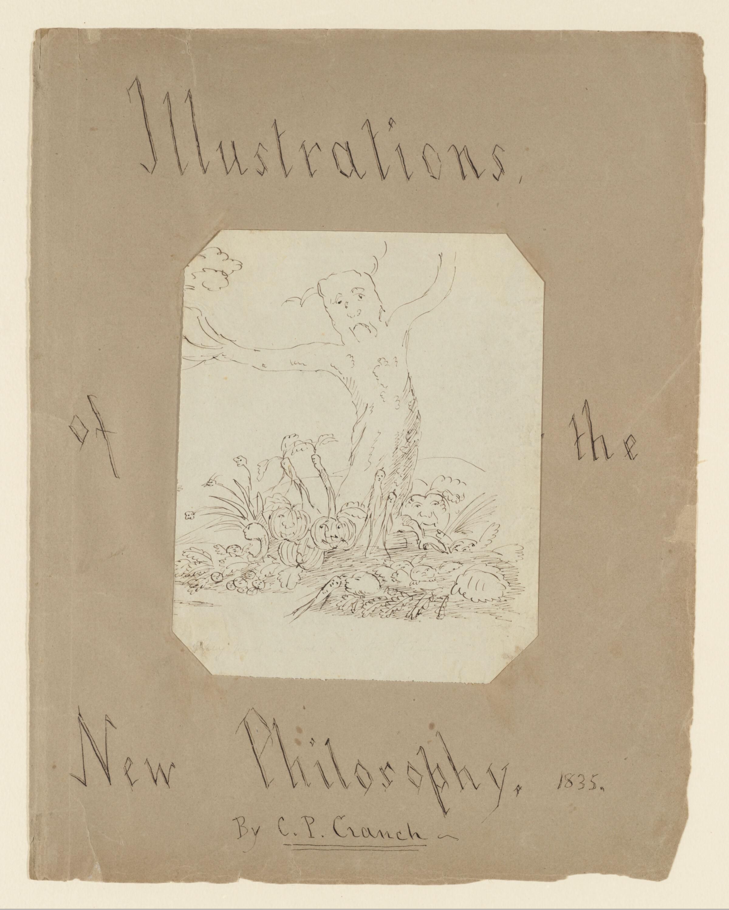 A sepia-toned illustration of a bird amidst foliage, with handwritten text around it reading "Illustrations of The New Philosophy, 1835, By C.P. Crench".