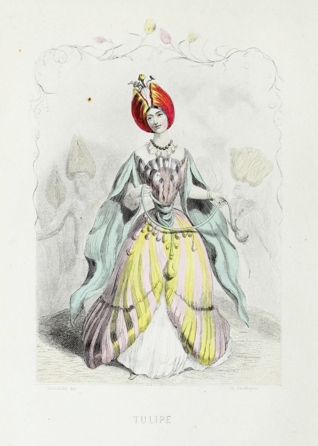 Vintage lithograph of a woman dressed as a tulip, with a layered, colorful skirt and a conical hat.