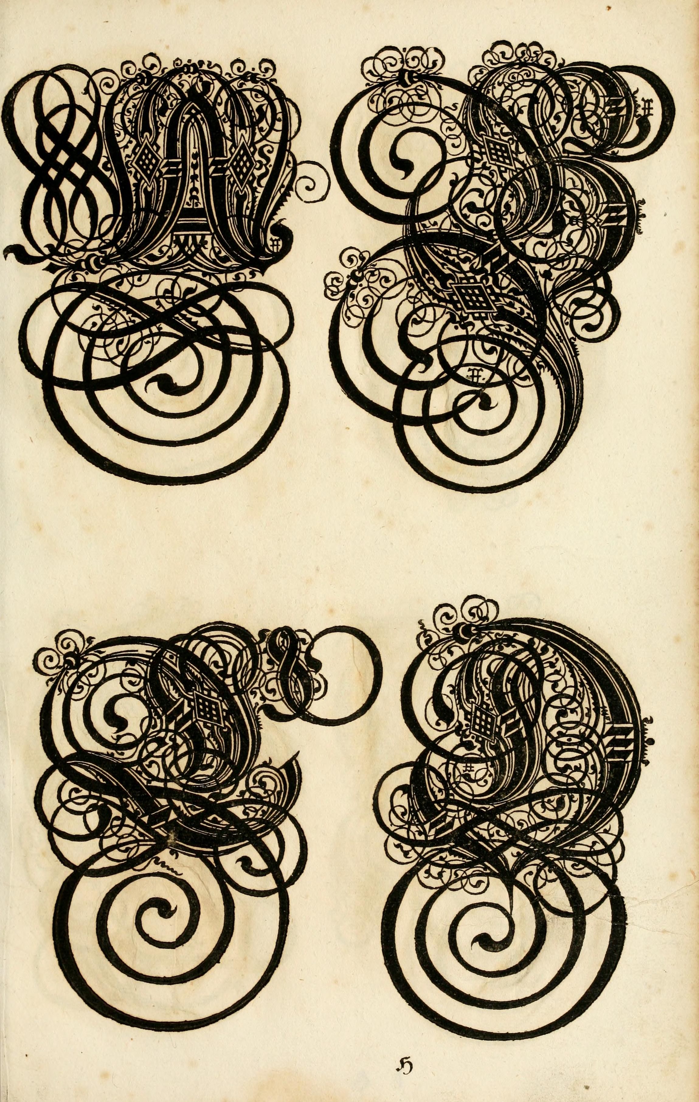 Vintage illustration of four ornate capital letters with intricate designs.