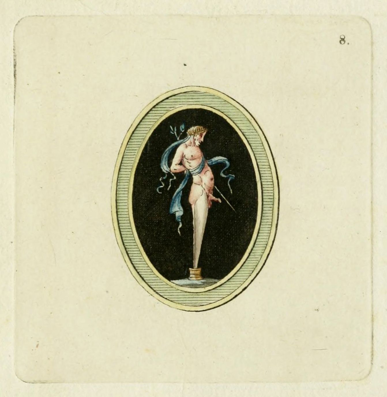 A delicate antique drawing of a nude male figure wearing a crown, standing on a base within an oval frame, set against a pale cream background.