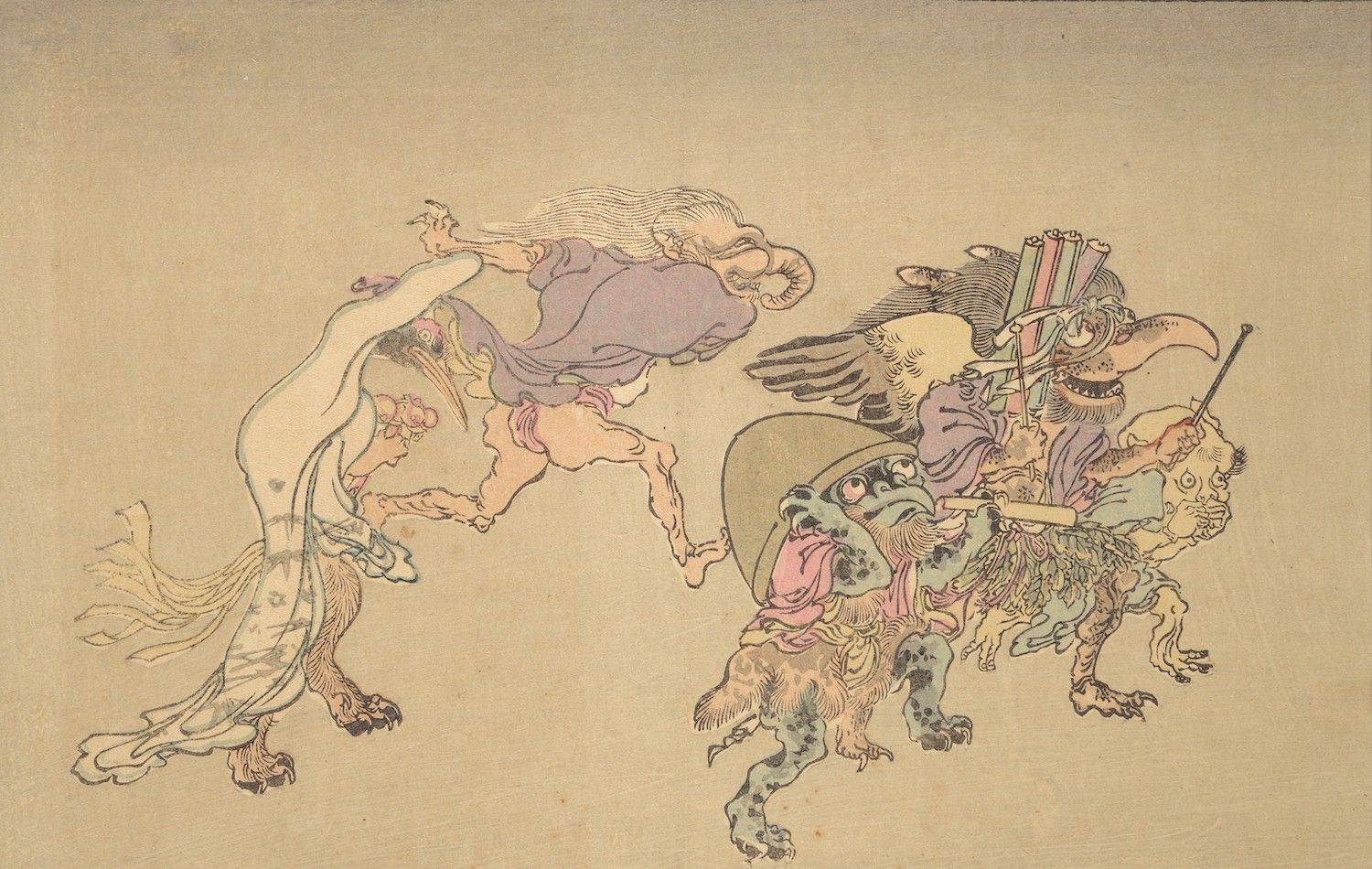 Vintage illustration of a figure on horseback facing a bizarre dog-like creature wielding a sword.