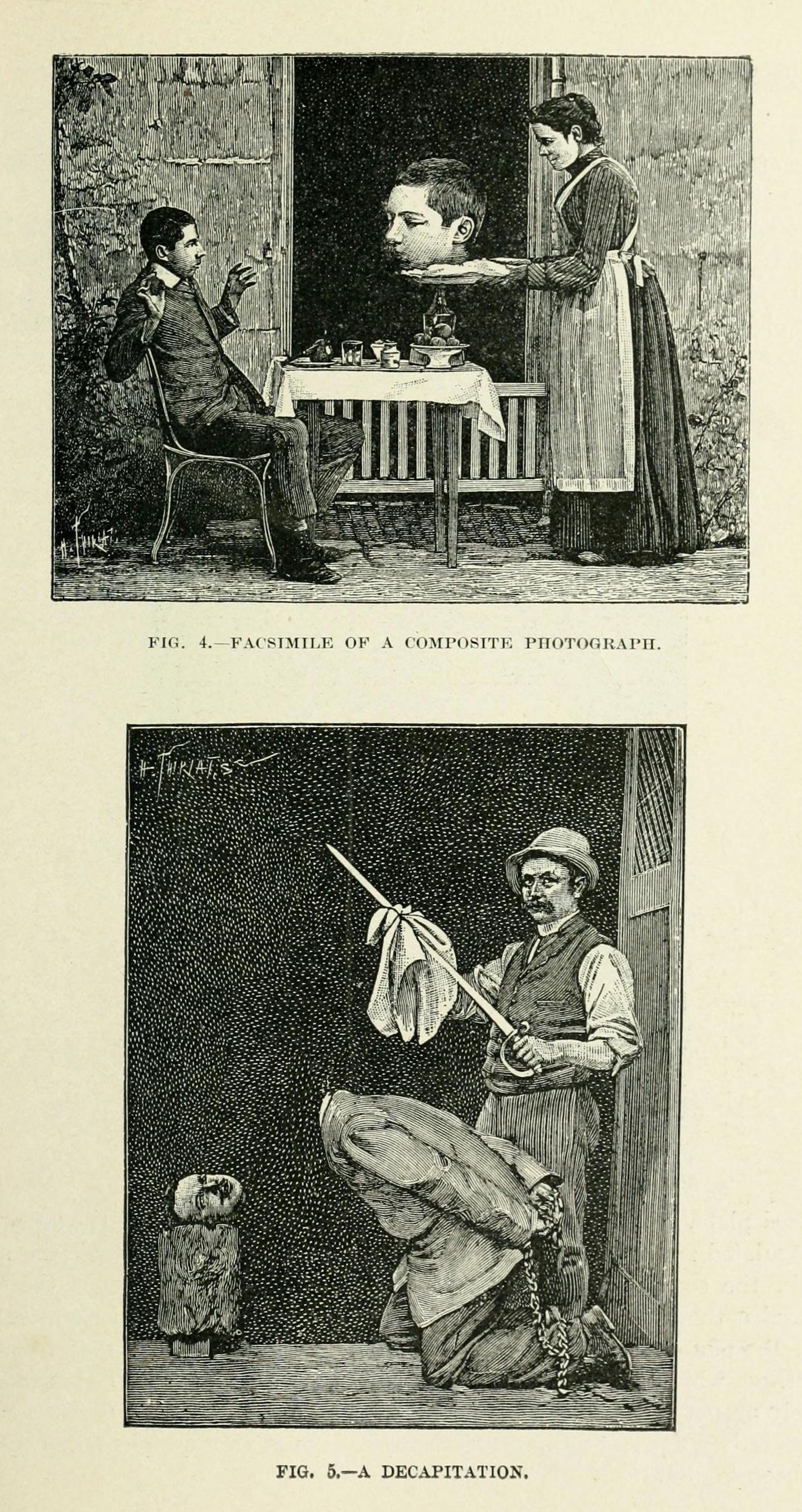 Two illustrations: Top - A man and woman in a room with a table and painting. Bottom - A man kneeling with chains, about to be beheaded by another man with an axe.