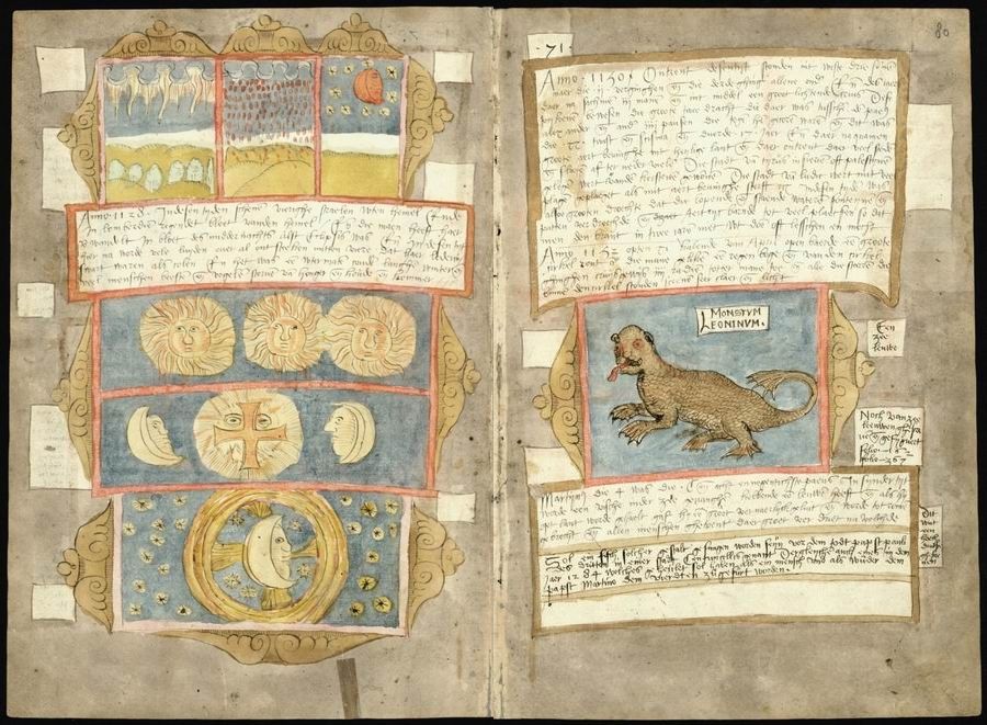 Open page from a medieval manuscript with illustrations of celestial bodies and a fantastical creature.