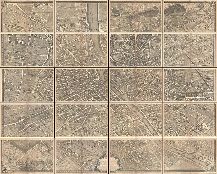 A 5x5 grid of vintage-style maps depicting sections of a city with detailed street plans.