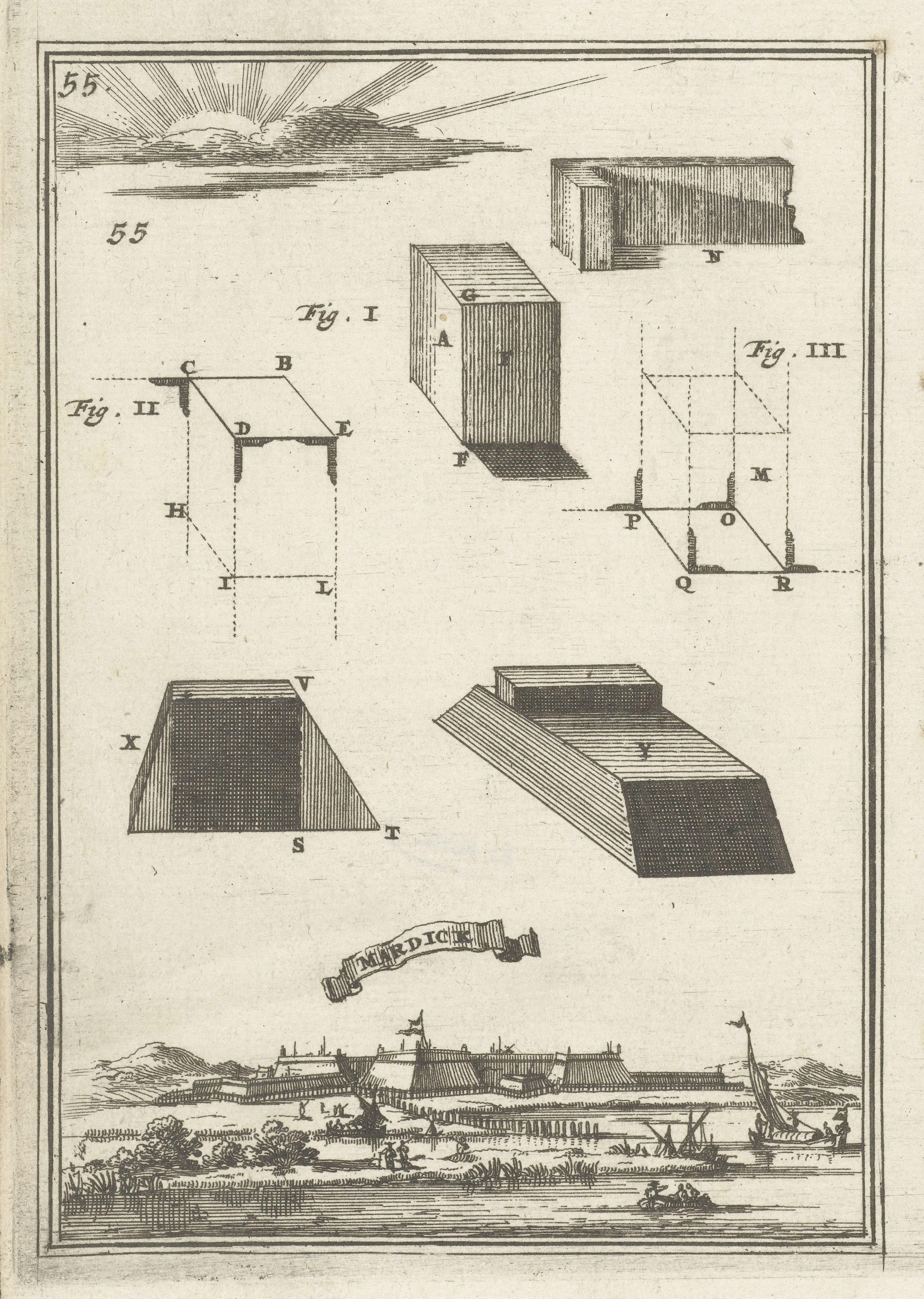 A vintage illustration from a book, likely a treatise on fortification or architecture. The page is filled with detailed diagrams and a landscape view.