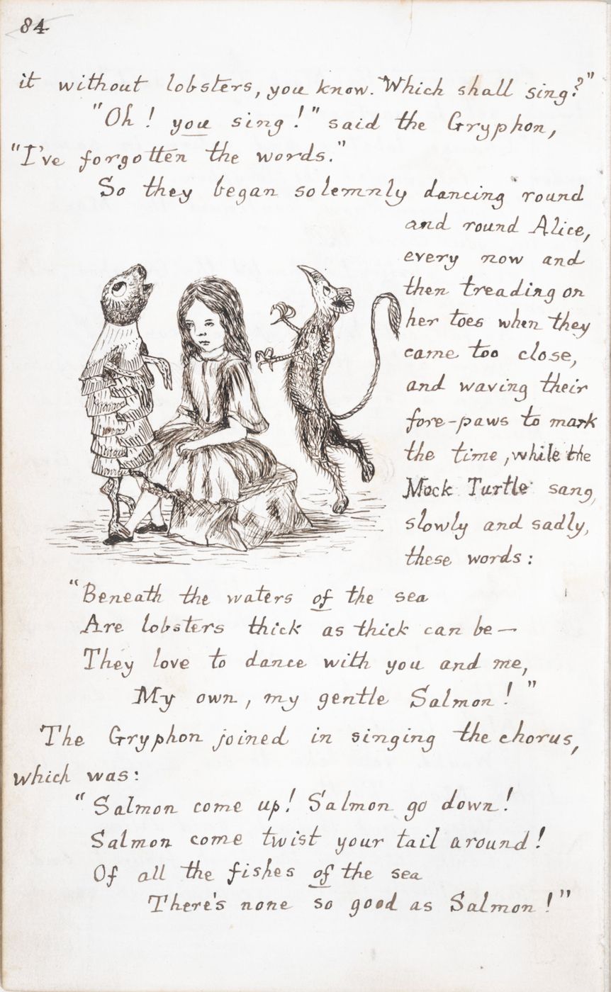 A black and white illustration from a vintage book, depicting Alice dancing with the Gryphon and the Mock Turtle, surrounded by lobsters.