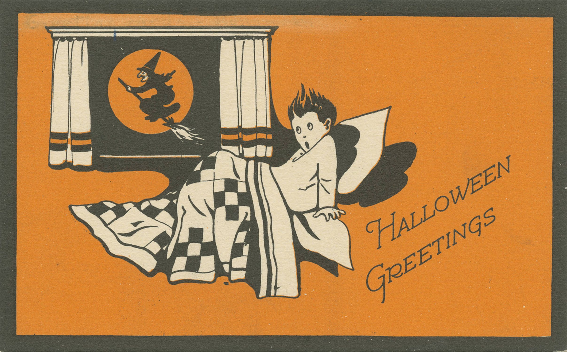 Vintage Halloween card with a boy in a pumpkin costume and a witch flying past a window.