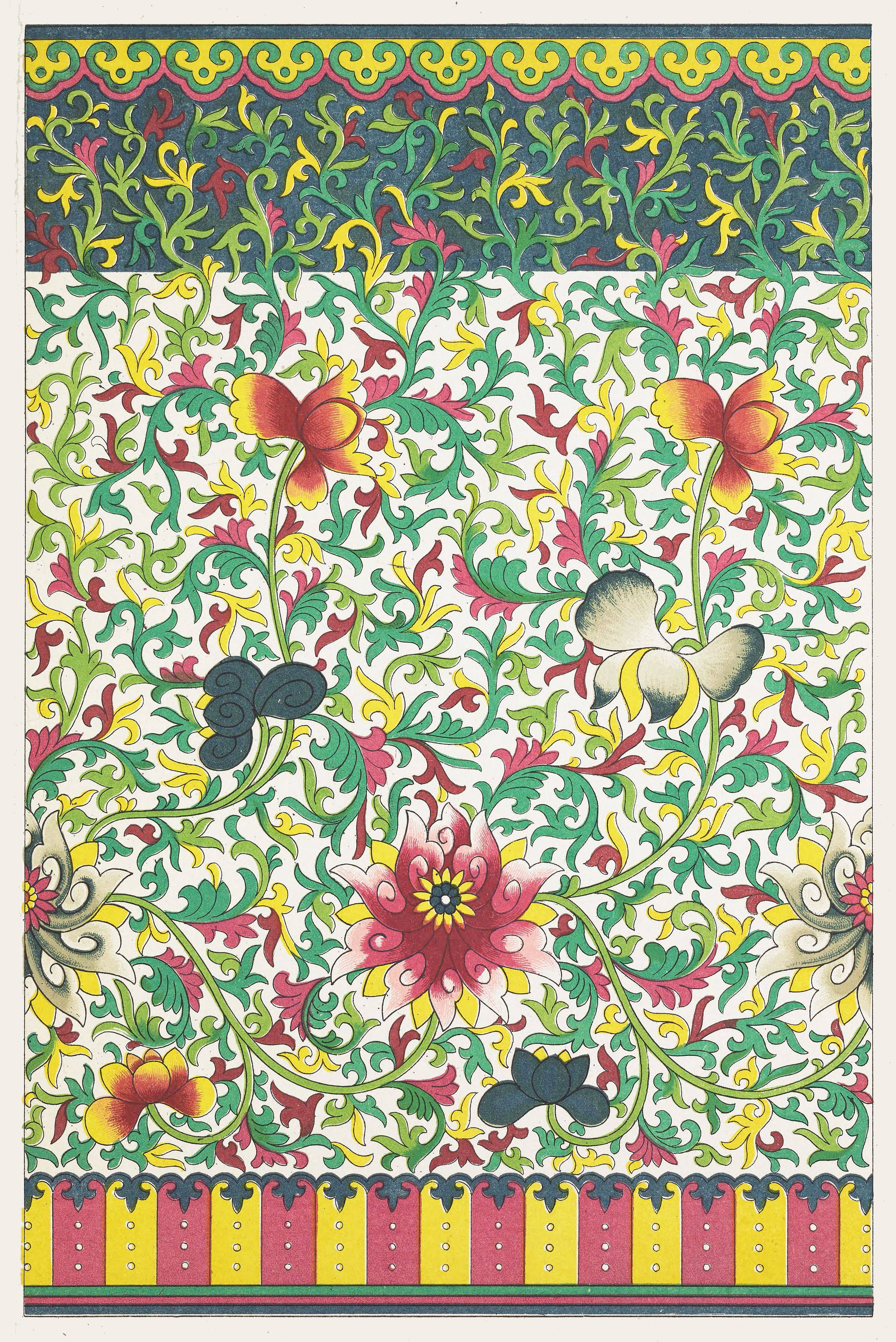 A vibrant and intricate textile design featuring stylized flowers, leaves, and birds, framed by decorative borders.