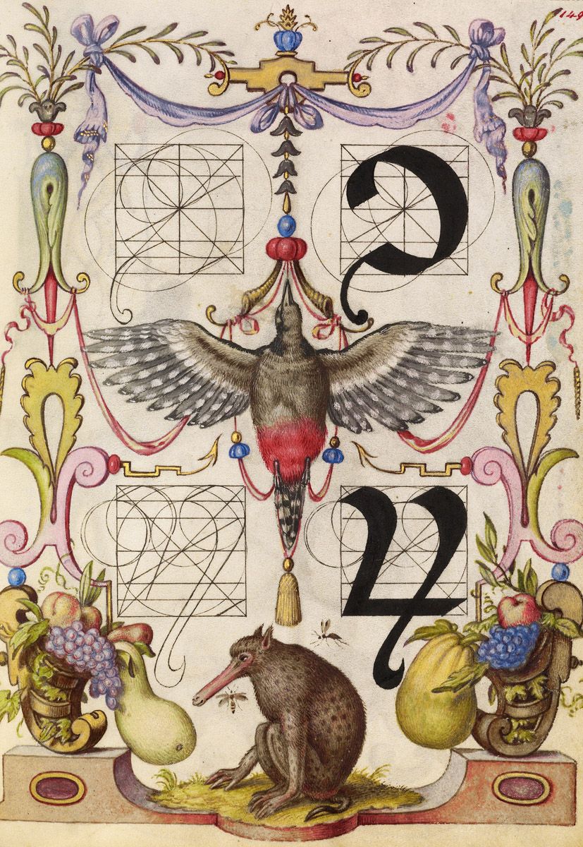 A highly ornate, colorful illustration reminiscent of an illuminated manuscript page. The central focus is a composition featuring a bird, a mole, and decorative elements.