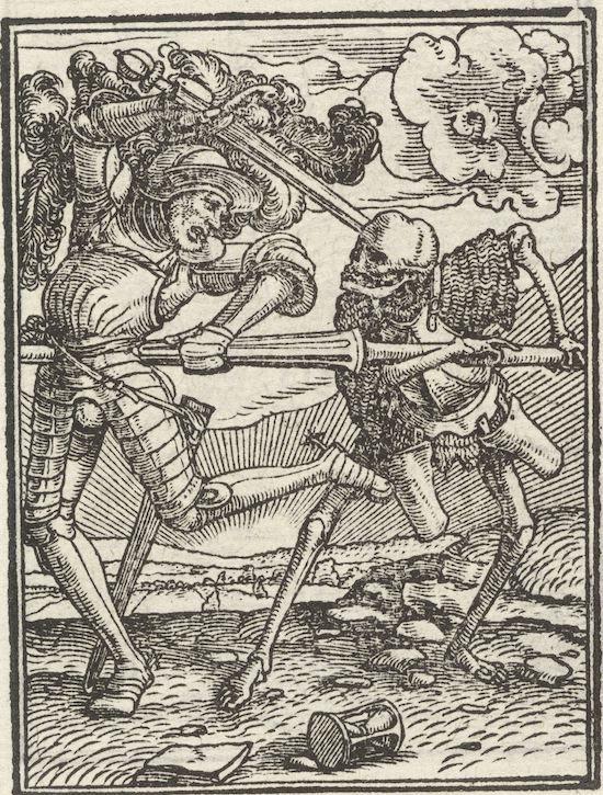 A black and white woodcut illustration depicting a knight in full armor battling a skeleton.