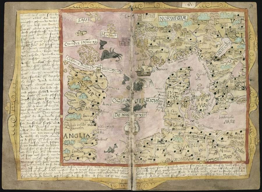 Antique map of Europe with illustrations and handwritten text.