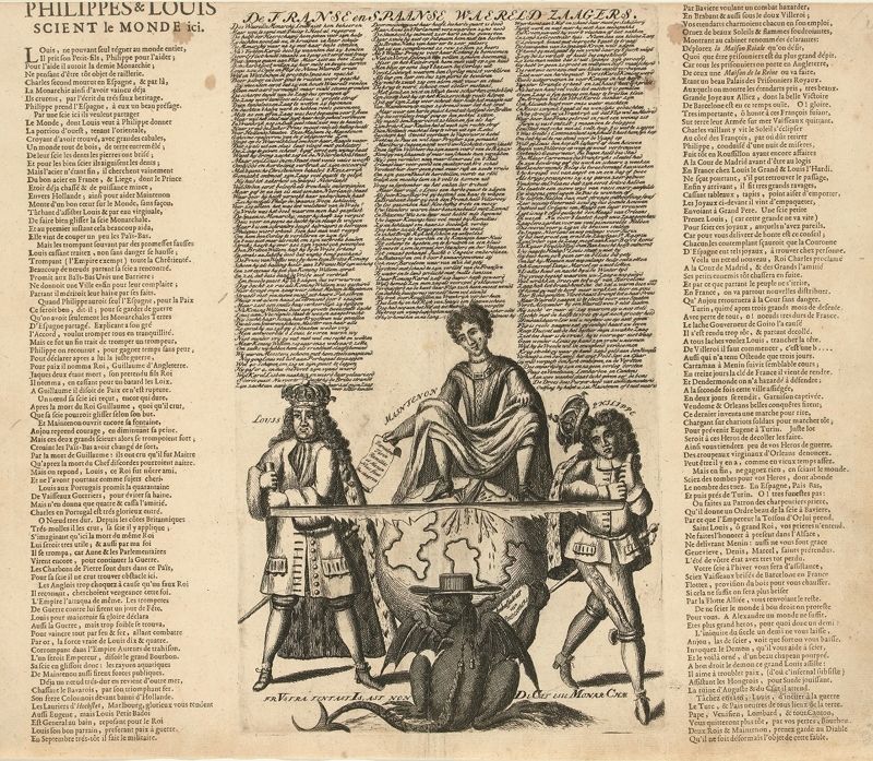 A historical broadside with a woodcut illustration of a battle scene and dense text in French.