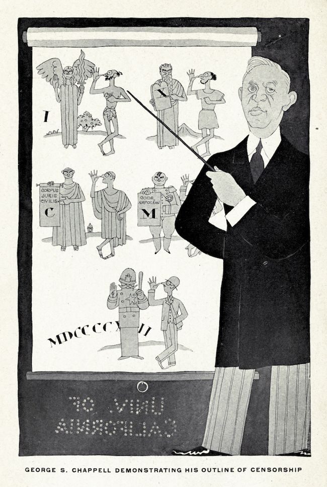 A black and white illustration of a man demonstrating his outline of censorship with a pointer next to a poster with historical figures and letters.